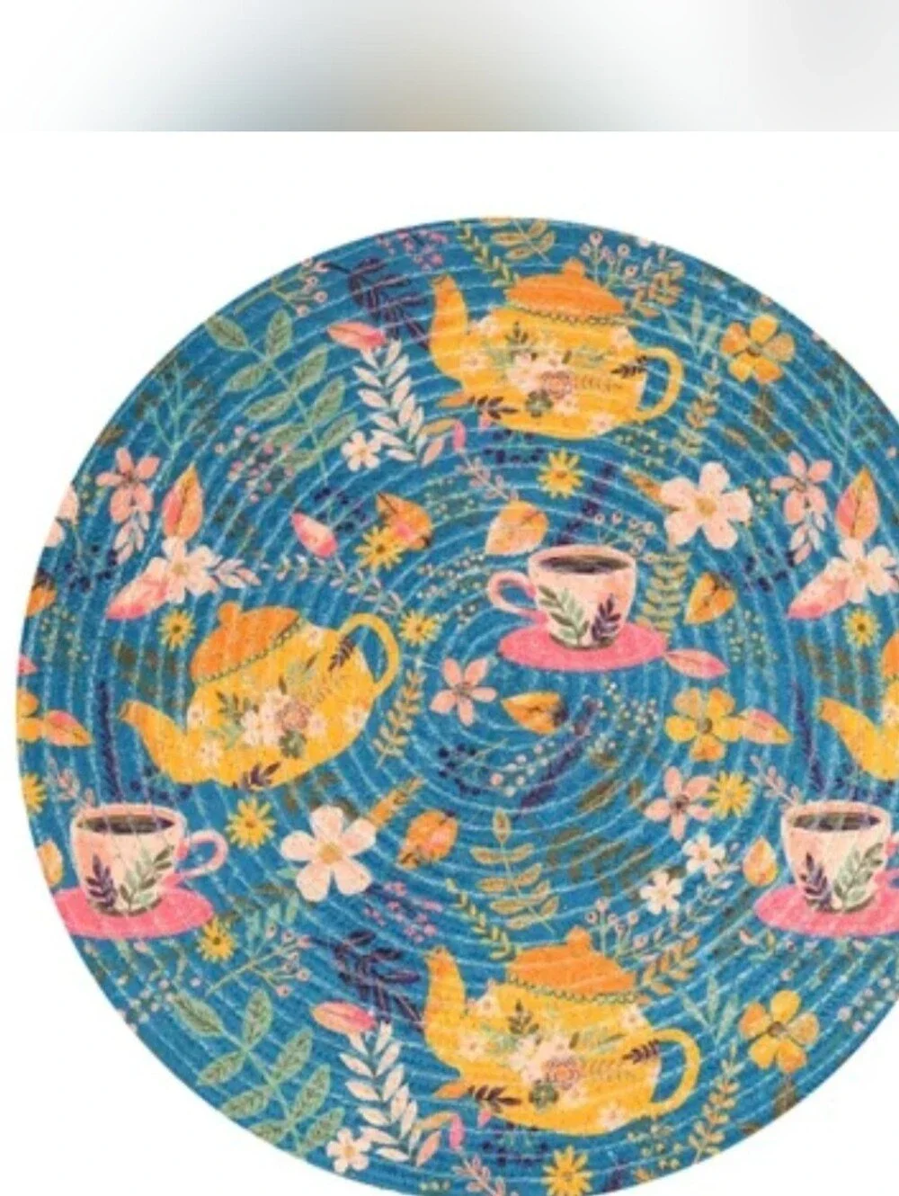 (Set of 4) Colorful Round Placemats Jute Made In India Teapot & Teacup Floral